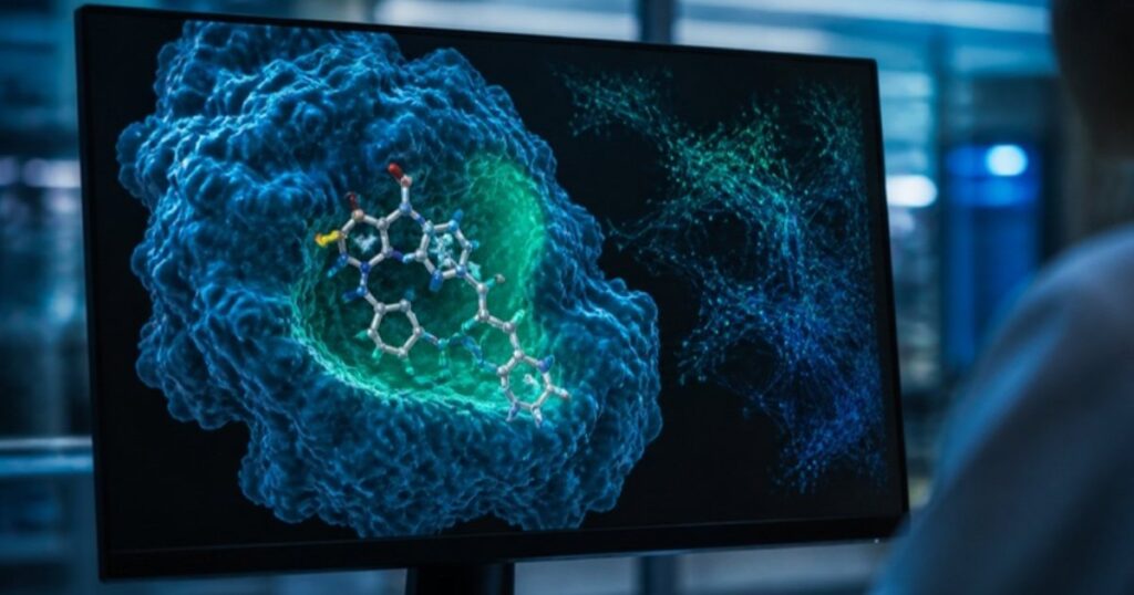 Drug molecule docked in a protein structure on a computer screen with AI network data
