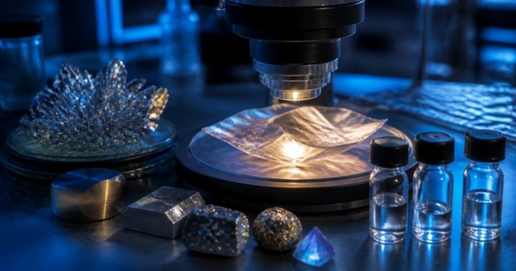 Advanced materials samples, crystals and alloy pieces under a lab microscope