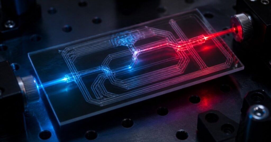 Silicon photonic integrated circuit chip with blue and red laser light in its waveguides