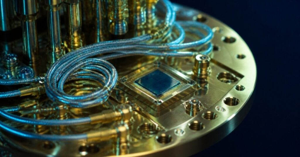 Superconducting qubit chip mounted in a dilution refrigerator with coaxial wiring
